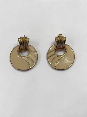 Vintage Trifari Cream Enamel Door Knocker Gold Tone Round Post Earrings